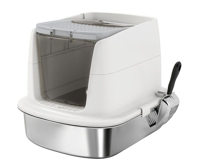 Pawhut arenero para gatos de acero inoxidable l, caja de arena para gatos con tapa abatible, pala metálica, bolsa desodorizante, fácil de limpiar,