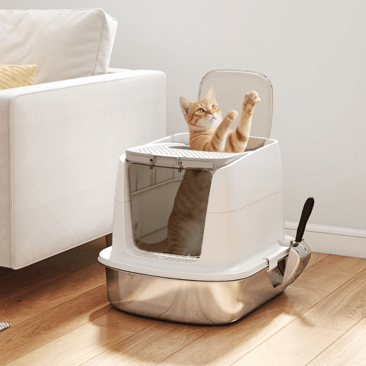 PawHut Caixa de Areia para Gatos em Aço Inoxidável L com Tampa Rebatível Pá Metálica Saco Desodorizante Fácil de Limpar Antifugas Branco