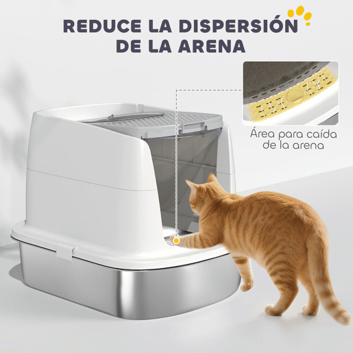 PawHut Caixa de Areia para Gatos em Aço Inoxidável L com Tampa Rebatível Pá Metálica Saco Desodorizante Fácil de Limpar Antifugas Branco