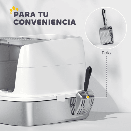 PawHut Caixa de Areia para Gatos em Aço Inoxidável L com Tampa Rebatível Pá Metálica Saco Desodorizante Fácil de Limpar Antifugas Branco