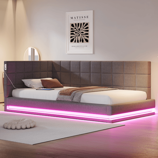 Sofá-cama 90*200 - Multifuncional com faixa LED, entrada USB e estrado, tecido de linho - Cinza