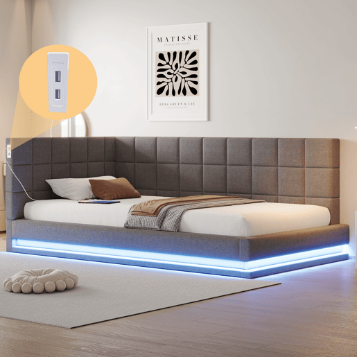 Sofá-cama 90*200 - Multifuncional com faixa LED, entrada USB e estrado, tecido de linho - Cinza