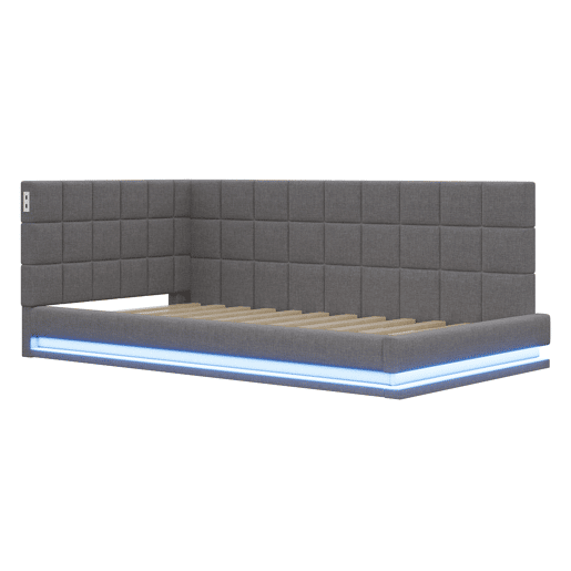 Sofá-cama 90*200 - Multifuncional com faixa LED, entrada USB e estrado, tecido de linho - Cinza