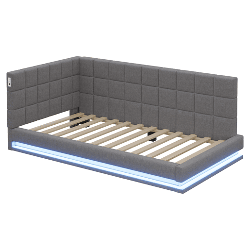 Sofá-cama 90*200 - Multifuncional com faixa LED, entrada USB e estrado, tecido de linho - Cinza