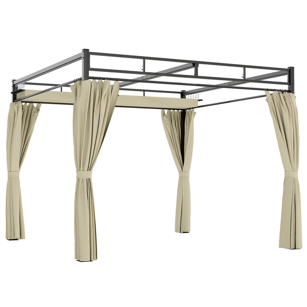 Outsunny pérgola de jardín 3x3 m con techo retráctil y 4 cortinas, cenador de jardín con protección uv30+, impermeable, estructura metálica, pabellón para patio, terraza, exterior, beige