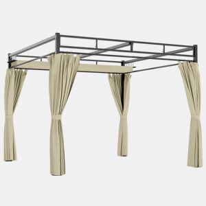 Outsunny Pérgola de Jardim 295x295x221 cm com Teto Retrátil e Cortinas UPF30+ Estrutura Metálica Pérgola para Exterior Bege