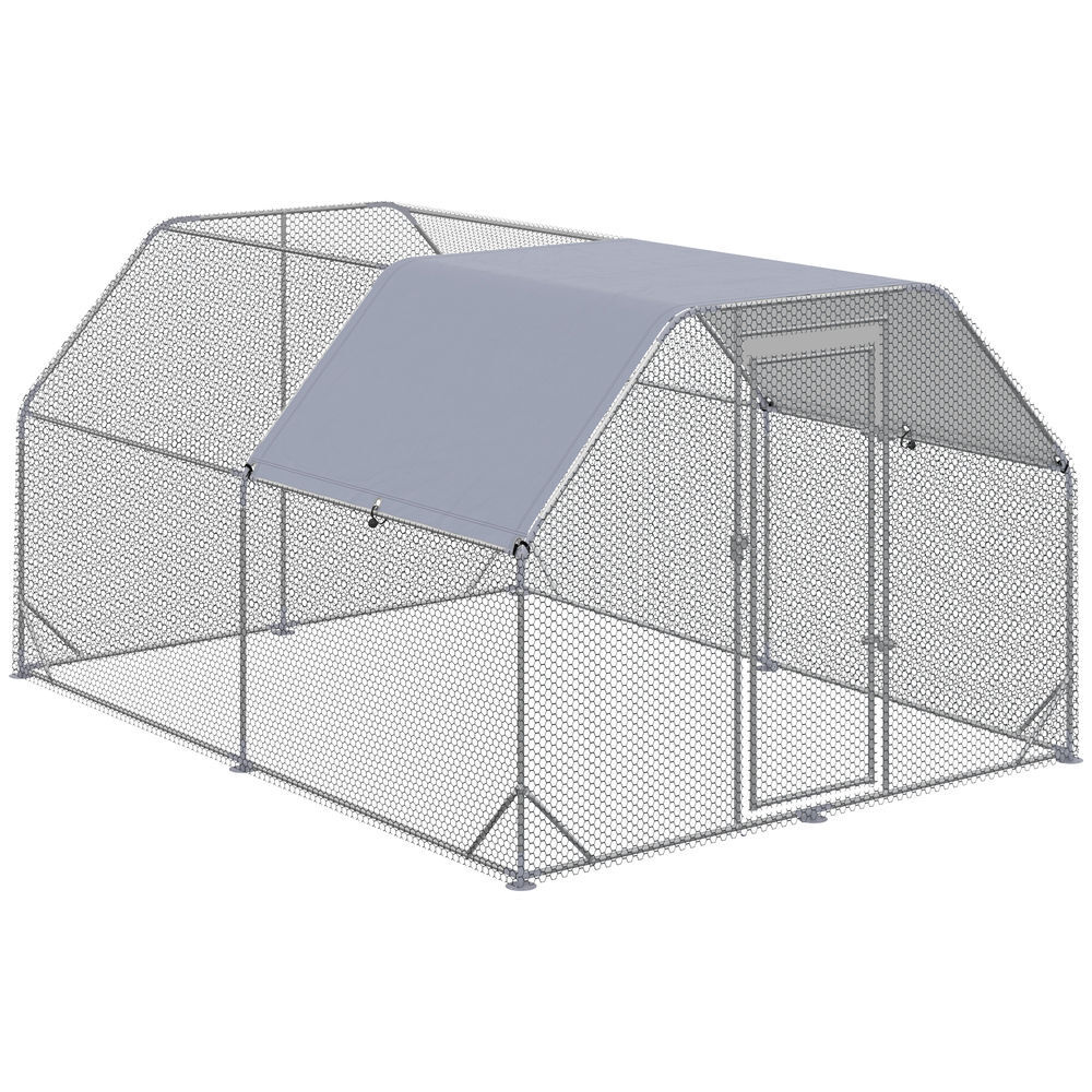 Pawhut gallinero para exterior grande walk-in, 2,8x3,8x1,95 m, gallinero 10-12 gallinas de acero galvanizado con 2 habitaciones, toldo oxford anti-uv, malla hexagonal y cierre de seguridad, plata