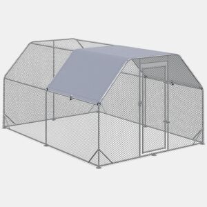 PawHut Galinheiro Exterior Grande Walk-in, 2,8x3,8x1,95 m, Galinheiro para 10-12 Galinhas em Aço Galvanizado com 2 Divisões, Toldo Oxford Anti-UV, Rede Hexagonal e Fecho de Segurança, Prateado