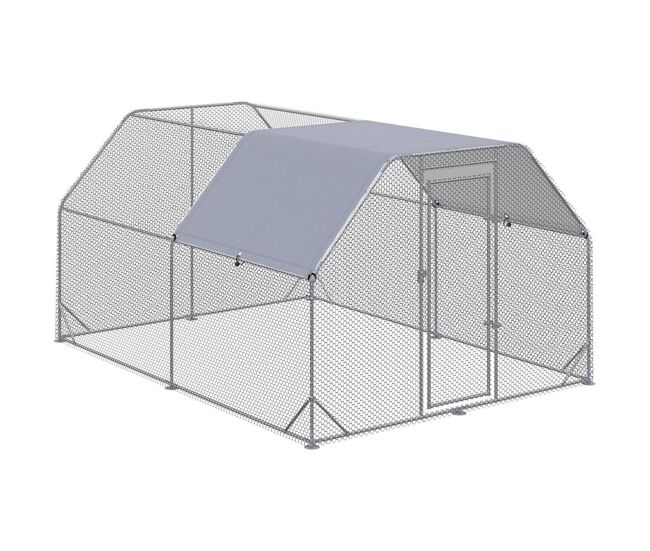 Pawhut gallinero para exterior grande walk-in, 2,8x3,8x1,95 m, gallinero 10-12 gallinas de acero galvanizado con 2 habitaciones, toldo oxford anti-uv, malla hexagonal y cierre de seguridad, plata