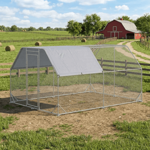 PawHut Galinheiro Exterior Grande Walk-in, 2,8x3,8x1,95 m, Galinheiro para 10-12 Galinhas em Aço Galvanizado com 2 Divisões, Toldo Oxford Anti-UV, Rede Hexagonal e Fecho de Segurança, Prateado