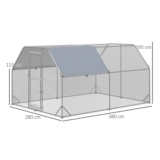PawHut Galinheiro Exterior Grande Walk-in, 2,8x3,8x1,95 m, Galinheiro para 10-12 Galinhas em Aço Galvanizado com 2 Divisões, Toldo Oxford Anti-UV, Rede Hexagonal e Fecho de Segurança, Prateado