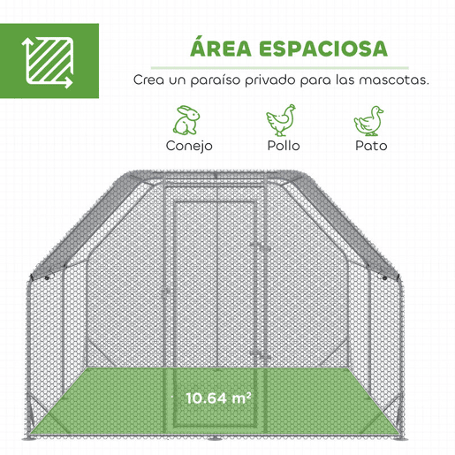 PawHut Galinheiro Exterior Grande Walk-in, 2,8x3,8x1,95 m, Galinheiro para 10-12 Galinhas em Aço Galvanizado com 2 Divisões, Toldo Oxford Anti-UV, Rede Hexagonal e Fecho de Segurança, Prateado