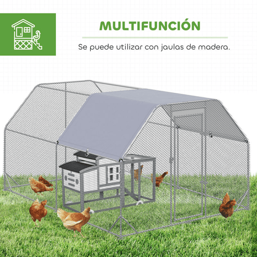 PawHut Galinheiro Exterior Grande Walk-in, 2,8x3,8x1,95 m, Galinheiro para 10-12 Galinhas em Aço Galvanizado com 2 Divisões, Toldo Oxford Anti-UV, Rede Hexagonal e Fecho de Segurança, Prateado