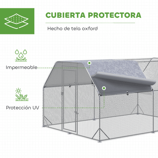 PawHut Galinheiro Exterior Grande Walk-in, 2,8x3,8x1,95 m, Galinheiro para 10-12 Galinhas em Aço Galvanizado com 2 Divisões, Toldo Oxford Anti-UV, Rede Hexagonal e Fecho de Segurança, Prateado