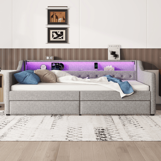 Cama de dia 90x200 cm - Sofá-cama com duas gavetas, luz ambiente com controlo remoto, porta USB - Cinza