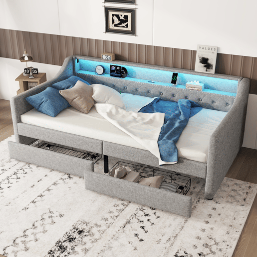 Cama de dia 90x200 cm - Sofá-cama com duas gavetas, luz ambiente com controlo remoto, porta USB - Cinza