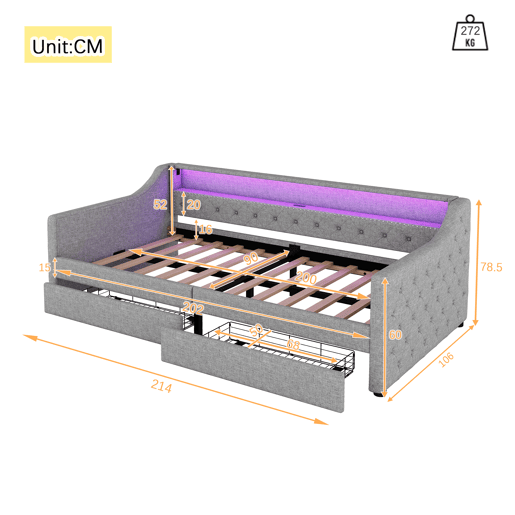 Cama de dia 90x200 cm - Sofá-cama com duas gavetas, luz ambiente com controlo remoto, porta USB - Cinza
