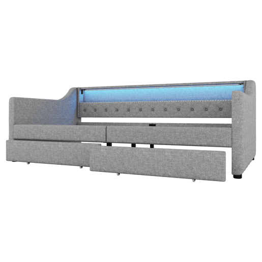 Cama de dia 90x200 cm - Sofá-cama com duas gavetas, luz ambiente com controlo remoto, porta USB - Cinza