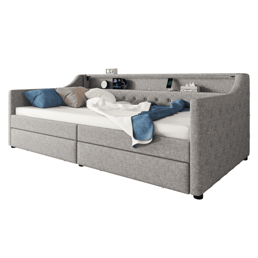 Cama de dia 90x200 cm - Sofá-cama com duas gavetas, luz ambiente com controlo remoto, porta USB - Cinza