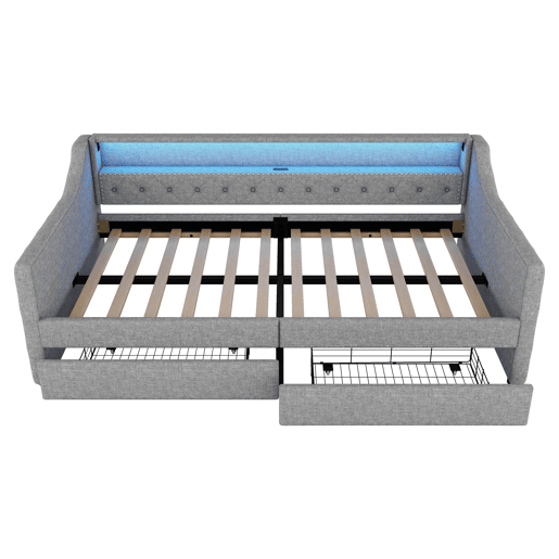 Cama de dia 90x200 cm - Sofá-cama com duas gavetas, luz ambiente com controlo remoto, porta USB - Cinza