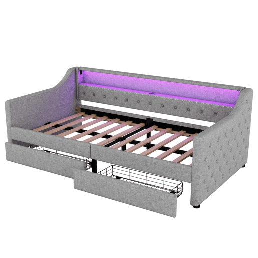 Cama de dia 90x200 cm - Sofá-cama com duas gavetas, luz ambiente com controlo remoto, porta USB - Cinza