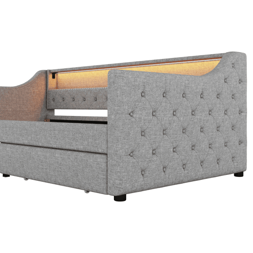 Cama de dia 90x200 cm - Sofá-cama com duas gavetas, luz ambiente com controlo remoto, porta USB - Cinza