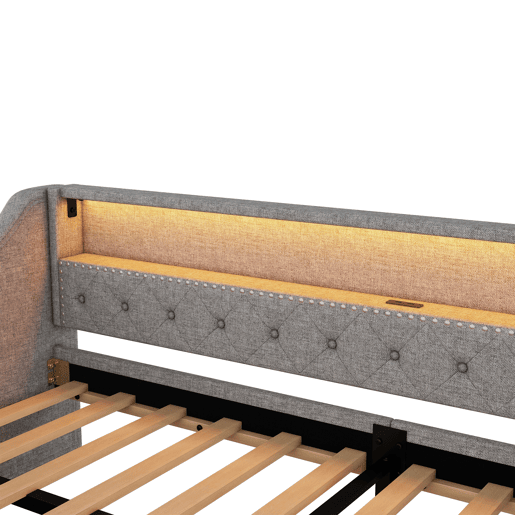 Cama de dia 90x200 cm - Sofá-cama com duas gavetas, luz ambiente com controlo remoto, porta USB - Cinza