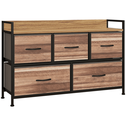 HOMCOM Cómoda com 5 Gavetas de Tecido Cómoda de Estilo Industrial com Estrutura Metálica para Sala de Estar Entrada Quarto 98x29x63 cm Carvalho