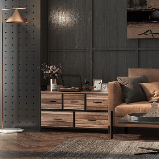 HOMCOM Cómoda com 5 Gavetas de Tecido Cómoda de Estilo Industrial com Estrutura Metálica para Sala de Estar Entrada Quarto 98x29x63 cm Carvalho