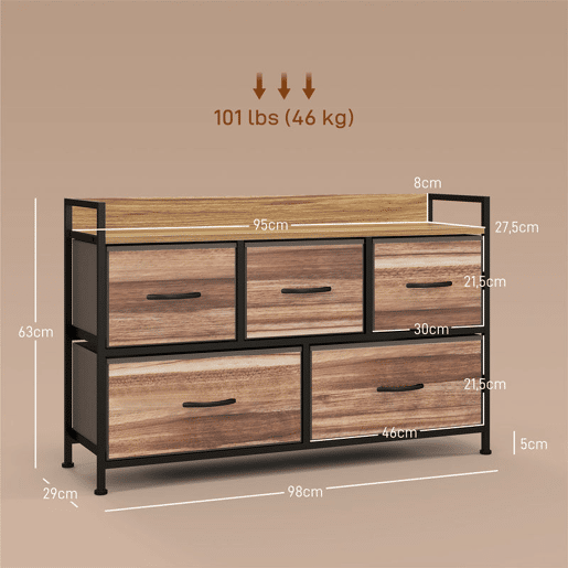 HOMCOM Cómoda com 5 Gavetas de Tecido Cómoda de Estilo Industrial com Estrutura Metálica para Sala de Estar Entrada Quarto 98x29x63 cm Carvalho