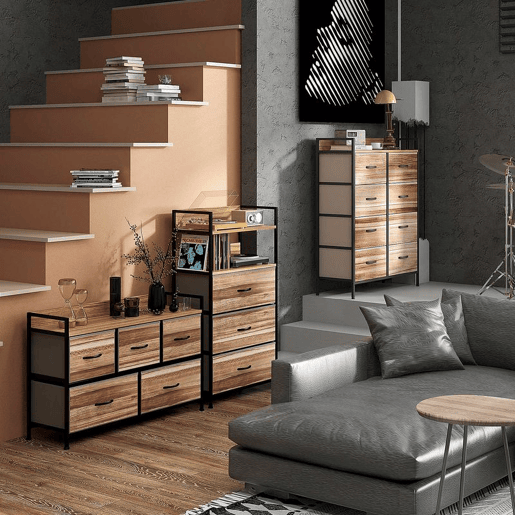 HOMCOM Cómoda com 5 Gavetas de Tecido Cómoda de Estilo Industrial com Estrutura Metálica para Sala de Estar Entrada Quarto 98x29x63 cm Carvalho