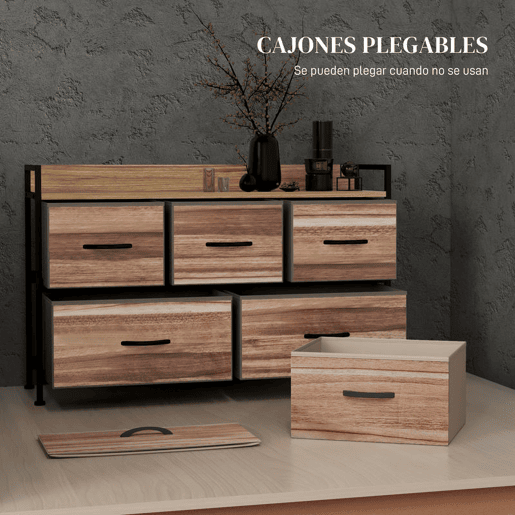 HOMCOM Cómoda com 5 Gavetas de Tecido Cómoda de Estilo Industrial com Estrutura Metálica para Sala de Estar Entrada Quarto 98x29x63 cm Carvalho