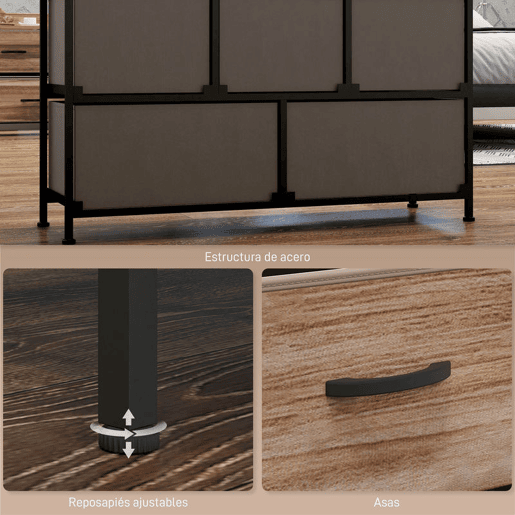 HOMCOM Cómoda com 5 Gavetas de Tecido Cómoda de Estilo Industrial com Estrutura Metálica para Sala de Estar Entrada Quarto 98x29x63 cm Carvalho