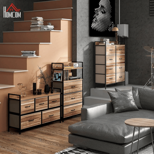 HOMCOM Cómoda com 5 Gavetas de Tecido Cómoda de Estilo Industrial com Estrutura Metálica para Sala de Estar Entrada Quarto 98x29x63 cm Carvalho