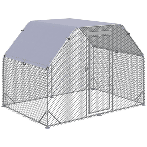 PawHut Galinheiro de Exterior Walk-in, 2,8x1,9x1,95 m, Galinheiro para 4-6 Galinhas em Aço Galvanizado, Recinto Espaçoso com Toldo Oxford Anti-UV, Rede Hexagonal e Fecho de Segurança, Prateado
