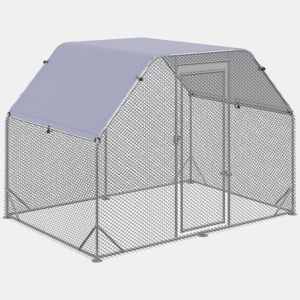PawHut Galinheiro de Exterior Walk-in, 2,8x1,9x1,95 m, Galinheiro para 4-6 Galinhas em Aço Galvanizado, Recinto Espaçoso com Toldo Oxford Anti-UV, Rede Hexagonal e Fecho de Segurança, Prateado