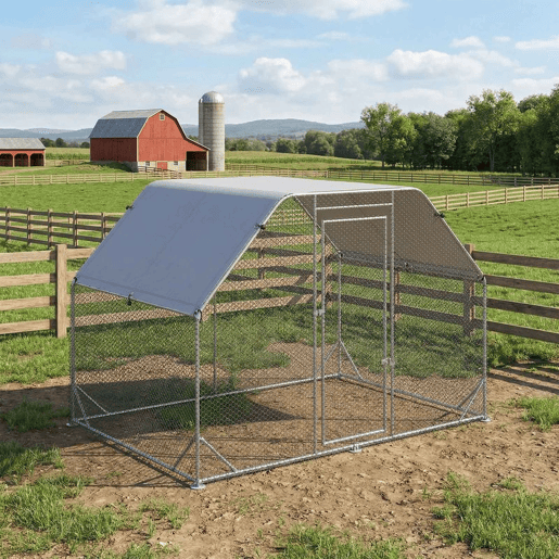 PawHut Galinheiro de Exterior Walk-in, 2,8x1,9x1,95 m, Galinheiro para 4-6 Galinhas em Aço Galvanizado, Recinto Espaçoso com Toldo Oxford Anti-UV, Rede Hexagonal e Fecho de Segurança, Prateado