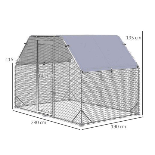 PawHut Galinheiro de Exterior Walk-in, 2,8x1,9x1,95 m, Galinheiro para 4-6 Galinhas em Aço Galvanizado, Recinto Espaçoso com Toldo Oxford Anti-UV, Rede Hexagonal e Fecho de Segurança, Prateado