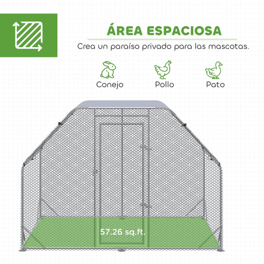 PawHut Galinheiro de Exterior Walk-in, 2,8x1,9x1,95 m, Galinheiro para 4-6 Galinhas em Aço Galvanizado, Recinto Espaçoso com Toldo Oxford Anti-UV, Rede Hexagonal e Fecho de Segurança, Prateado