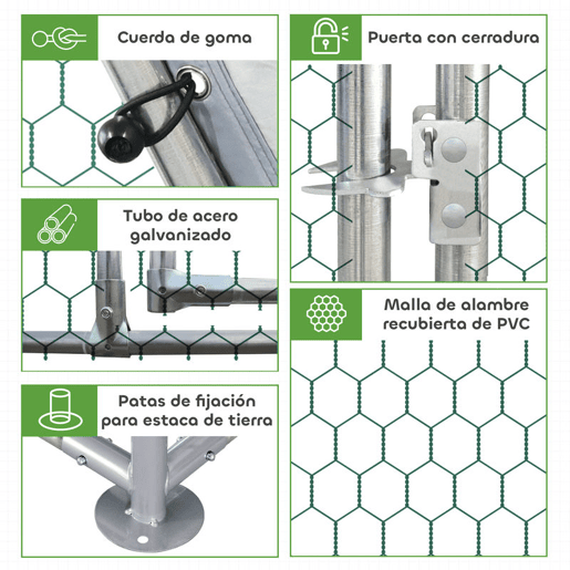 PawHut Galinheiro de Exterior Walk-in, 2,8x1,9x1,95 m, Galinheiro para 4-6 Galinhas em Aço Galvanizado, Recinto Espaçoso com Toldo Oxford Anti-UV, Rede Hexagonal e Fecho de Segurança, Prateado