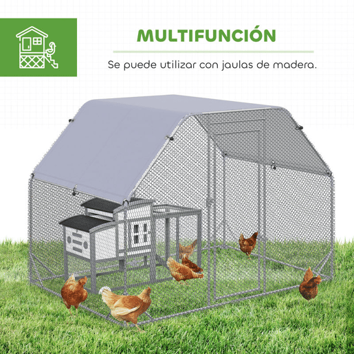 PawHut Galinheiro de Exterior Walk-in, 2,8x1,9x1,95 m, Galinheiro para 4-6 Galinhas em Aço Galvanizado, Recinto Espaçoso com Toldo Oxford Anti-UV, Rede Hexagonal e Fecho de Segurança, Prateado