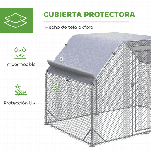 PawHut Galinheiro de Exterior Walk-in, 2,8x1,9x1,95 m, Galinheiro para 4-6 Galinhas em Aço Galvanizado, Recinto Espaçoso com Toldo Oxford Anti-UV, Rede Hexagonal e Fecho de Segurança, Prateado