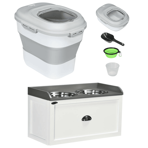 PawHut Conjunto de 1 Comedouro Elevado para Cães Grandes com 2 Tigelas de 2000ml de Aço Inoxidável e 1 Recipiente de Comida Dobrável 25L com Rodas Copo Medidor Branco e Cinza