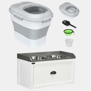 PawHut Conjunto de 1 Comedouro Elevado para Cães Grandes com 2 Tigelas de 2000ml de Aço Inoxidável e 1 Recipiente de Comida Dobrável 25L com Rodas Copo Medidor Branco e Cinza