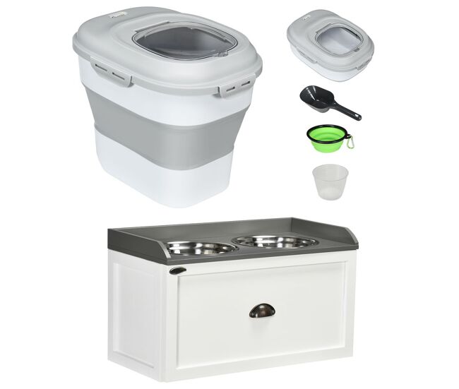 Pawhut conjunto de 1 comedero elevado para perros grandes con 2 tazones 2000ml de acero inoxidable y 1 contenedor de comida para perros plegable 25l con ruedas taza medidora blanco y gris
