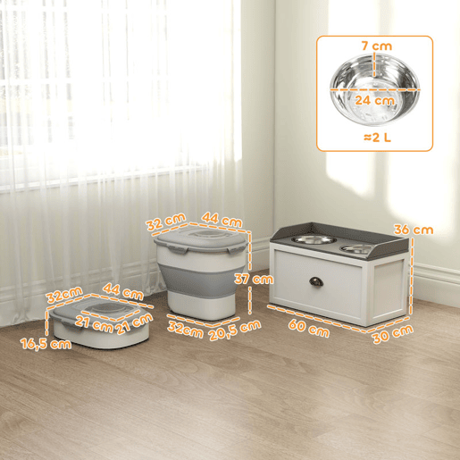 PawHut Conjunto de 1 Comedouro Elevado para Cães Grandes com 2 Tigelas de 2000ml de Aço Inoxidável e 1 Recipiente de Comida Dobrável 25L com Rodas Copo Medidor Branco e Cinza
