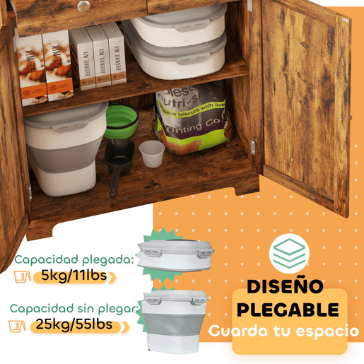 PawHut Conjunto de 1 Comedouro Elevado para Cães Grandes com 2 Tigelas de 2000ml de Aço Inoxidável e 1 Recipiente de Comida Dobrável 25L com Rodas Copo Medidor Branco e Cinza