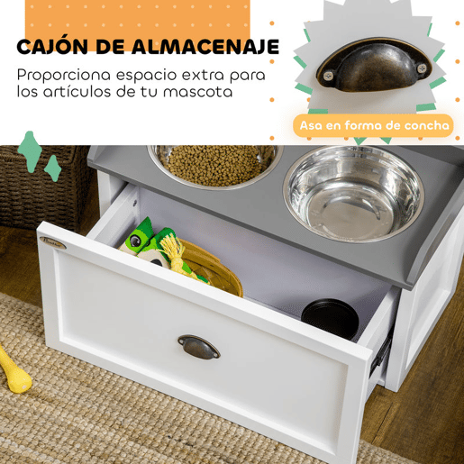 PawHut Conjunto de 1 Comedouro Elevado para Cães Grandes com 2 Tigelas de 2000ml de Aço Inoxidável e 1 Recipiente de Comida Dobrável 25L com Rodas Copo Medidor Branco e Cinza