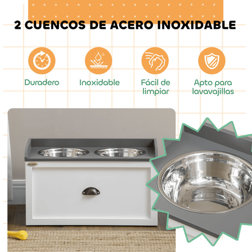 PawHut Conjunto de 1 Comedouro Elevado para Cães Grandes com 2 Tigelas de 2000ml de Aço Inoxidável e 1 Recipiente de Comida Dobrável 25L com Rodas Copo Medidor Branco e Cinza