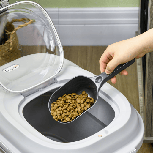 PawHut Conjunto de 1 Comedouro Elevado para Cães Grandes com 2 Tigelas de 2000ml de Aço Inoxidável e 1 Recipiente de Comida Dobrável 25L com Rodas Copo Medidor Branco e Cinza